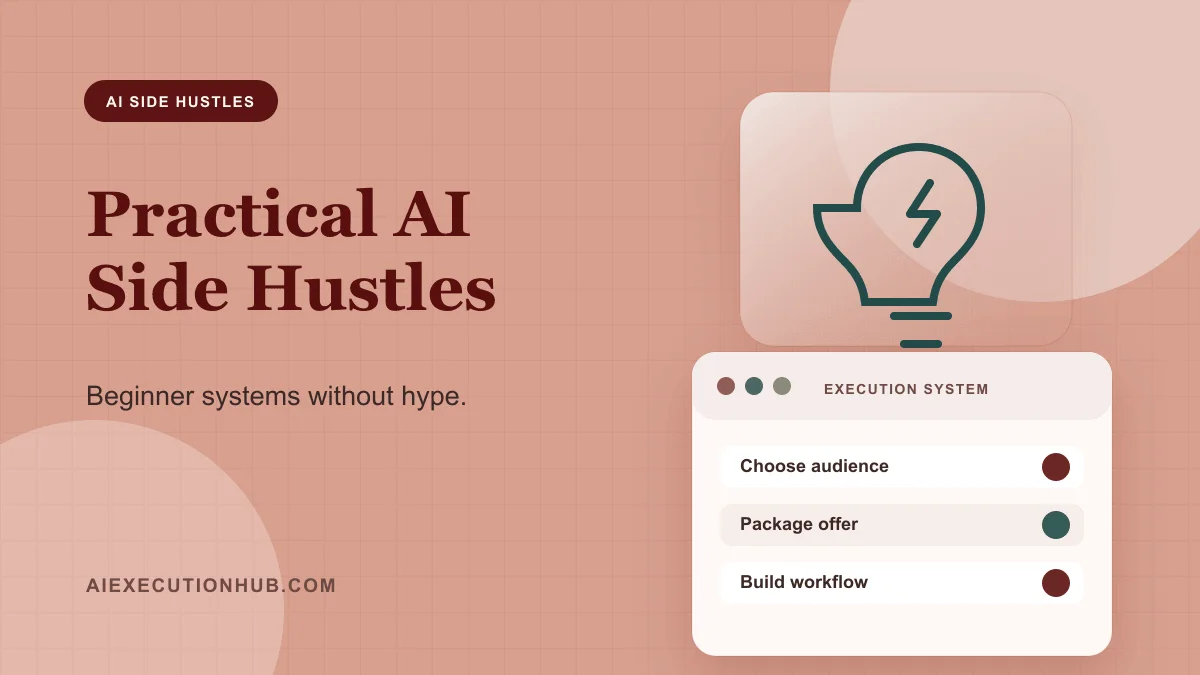 AI side hustles for beginners thumbnail showing an AI execution system workflow dashboard
